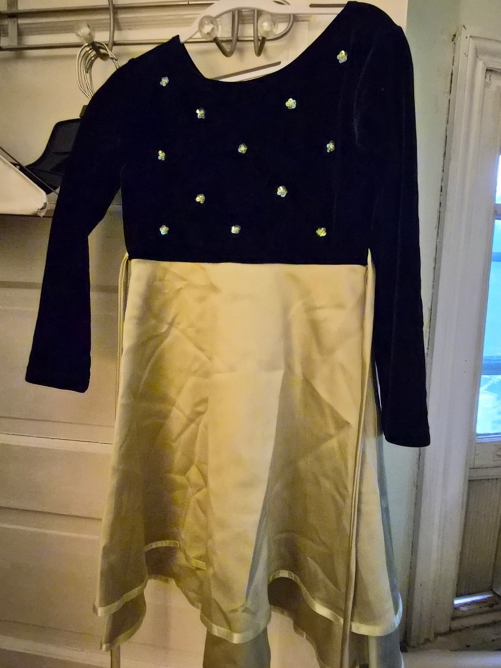 Black Velvet and Gold Satin Dress with Embellished Bodice